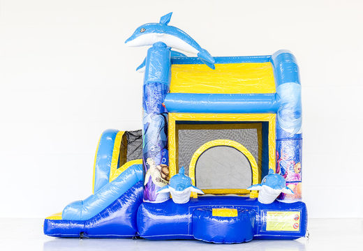 Ordene el castillo hinchable Jumpy extra fun dolphin con el tema de los delfines con un tobogán para niños. Compre castillos hinchables en línea en JB Hinchables España