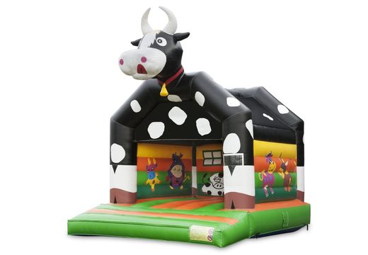 Compre un castillo hinchable estándar para niños en colores llamativos con un gran objeto 3D de una vaca en la parte superior. Compre hinchables en línea en JB Hinchables España