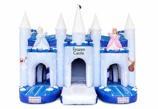 Ordene un castillo hinchable azul y blanco con el tema del hielo en un diseño único, un tobogán y objetos 3D para niños. Compre castillos hinchables en línea en JB Hinchables España