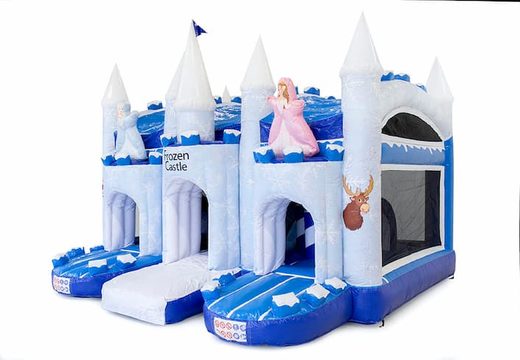 Comprar castillo hinchable grande cubierto azul y blanco multiplay con tobogán en tema ice ice frozen para niños. Ordene castillos hinchables en línea en JB Hinchables España