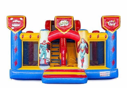 Ordene el castillo hinchable Slidebox superhéroe con tobogán para niños. Compre castillos hinchables en línea en JB Hinchables España