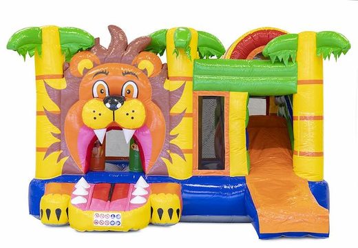 Castillo hinchable multiplay con temática de león con tobogán y obstáculos a la venta para niños